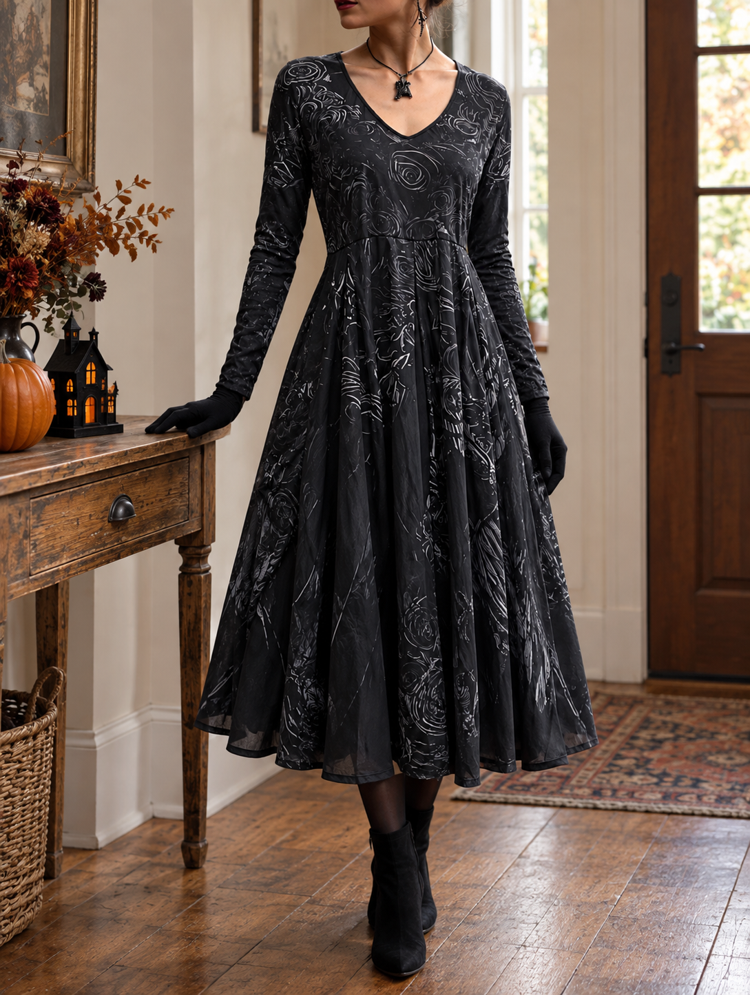 Women's Halloween Black Maxi Dress | Long Sleeve