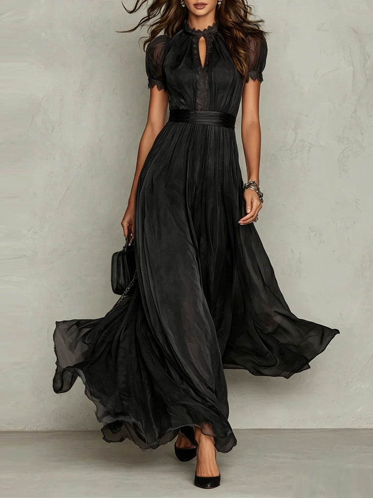 Purple Keyhole Neckline Chiffon Lace Trim Maxi Dress