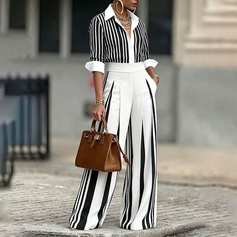 Striped shirt and pleated wide-leg trousers two-piece set