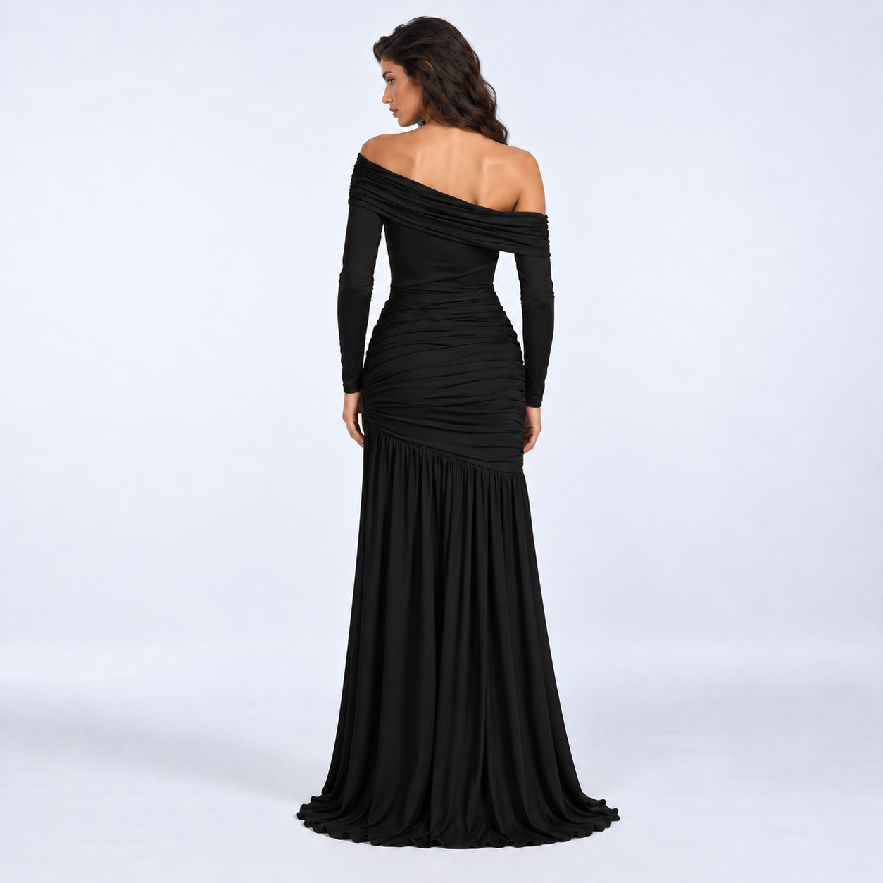 The Elara One-Shoulder Mesh Ruched Slit Maxi Dress