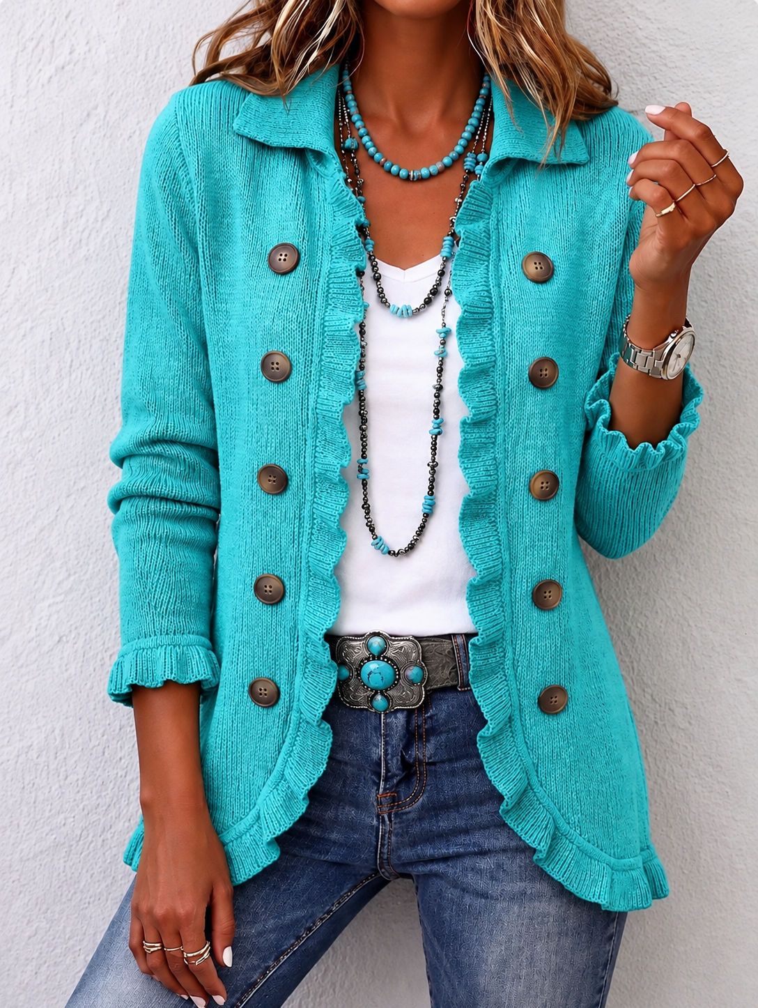 Valery | Turquoise Ribbed Knit Ruffle Jacket