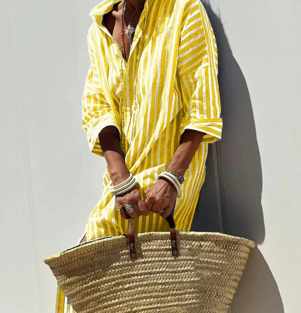 Christine | Striped Print & Button Closure with Belt