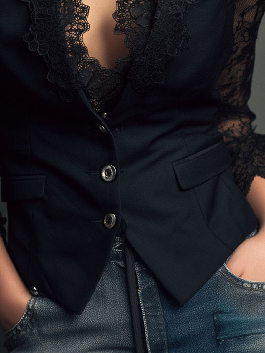 Noémie | Black Jacket with Sheer Sleeves