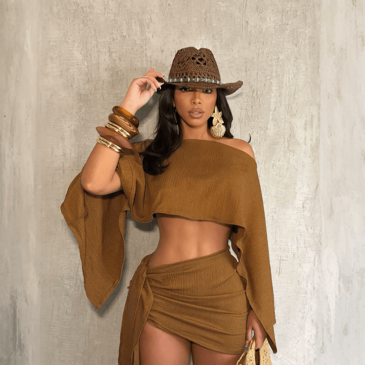 Textured One Shoulder Crop Top & Mini Skirt Set