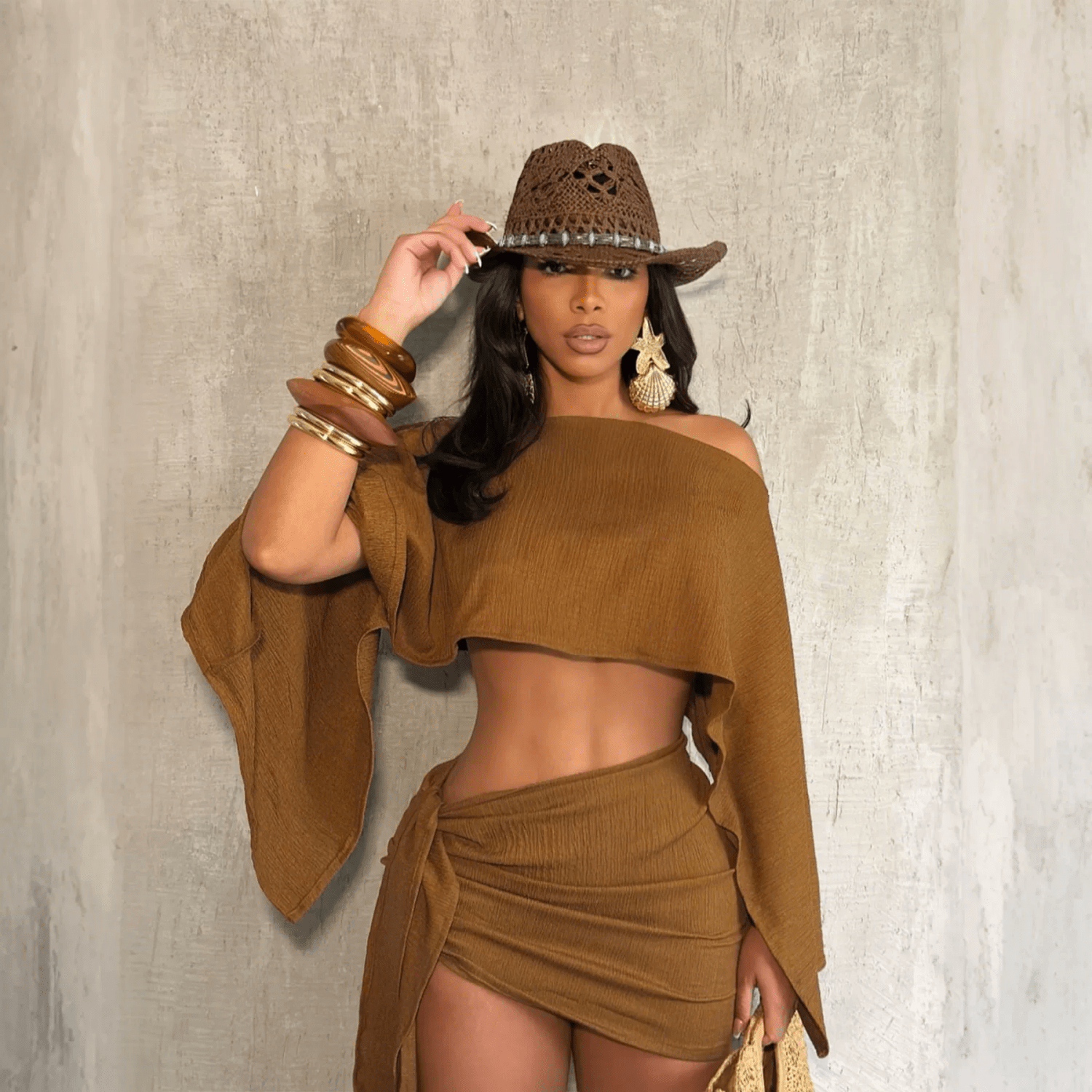 Textured One Shoulder Crop Top & Mini Skirt Set