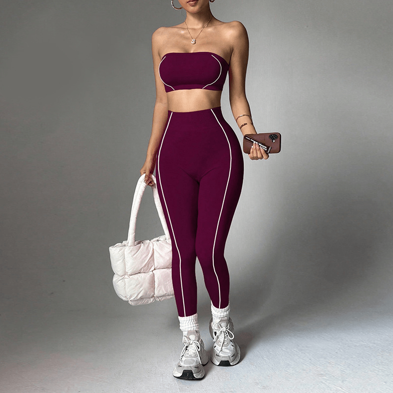 Contrast Piping Bandeau High Waist Yoga Set