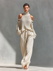 MARIA |  Knit Fabric Cold-Shoulder Turtleneck Top & Wide-Leg Pants Set