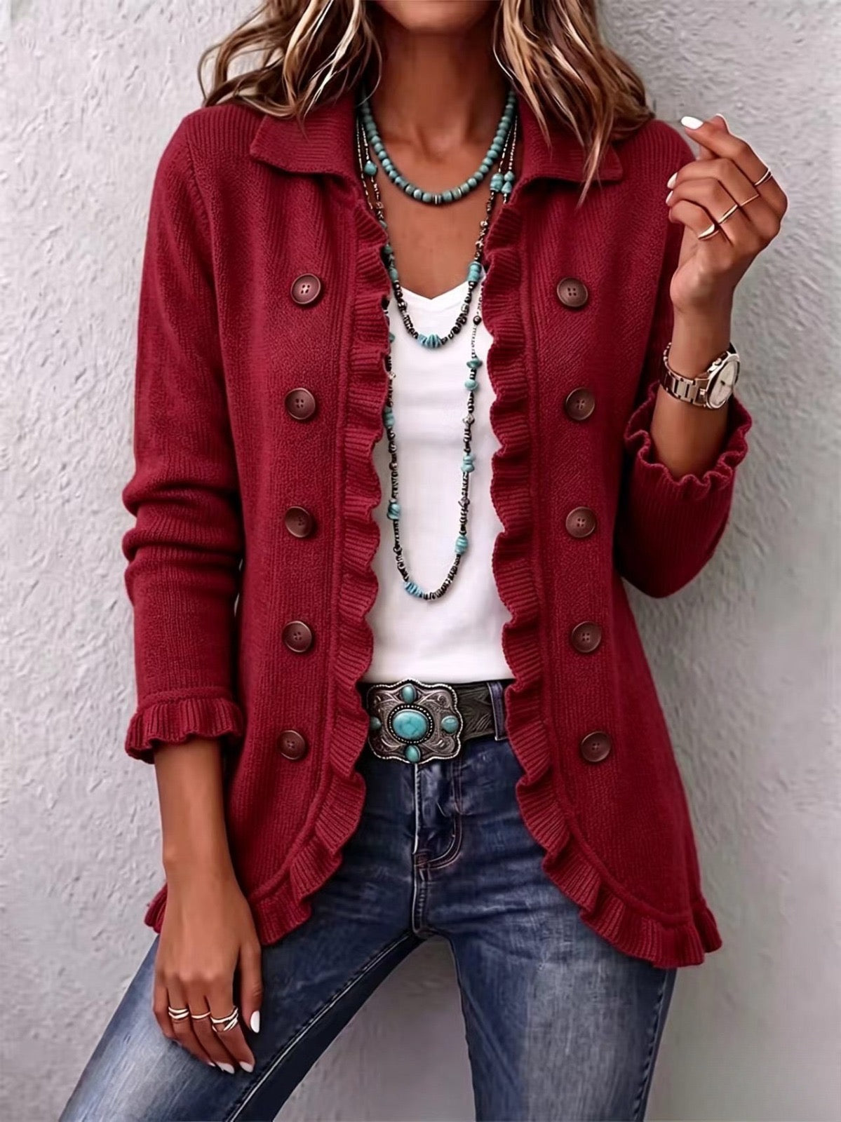 Charley | Ruby Red Ribbed Knit Ruffle Jacket