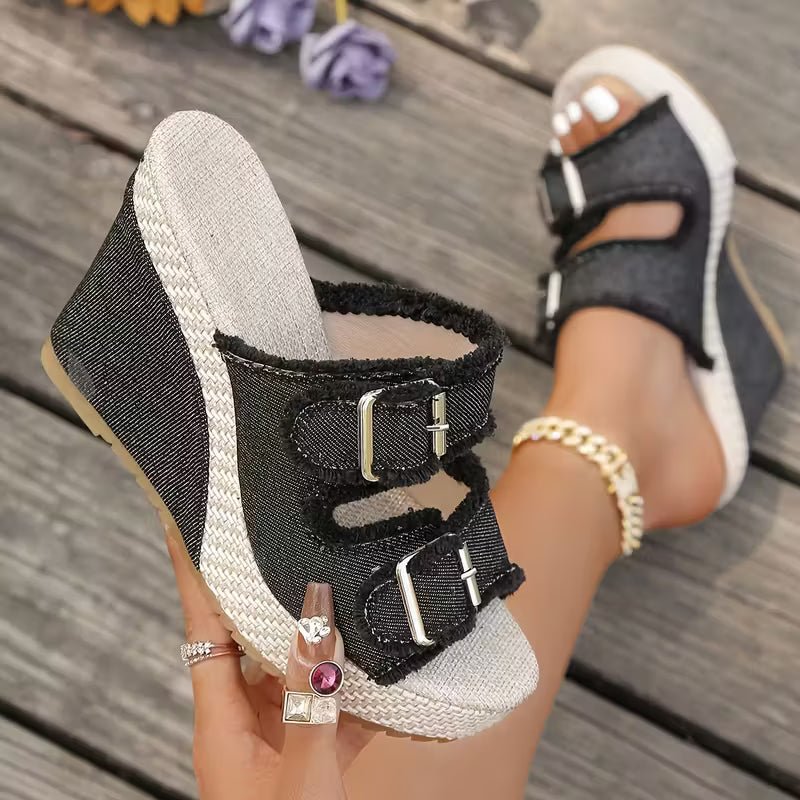 Atelier Denim Fray-Edge Wedge Sandals