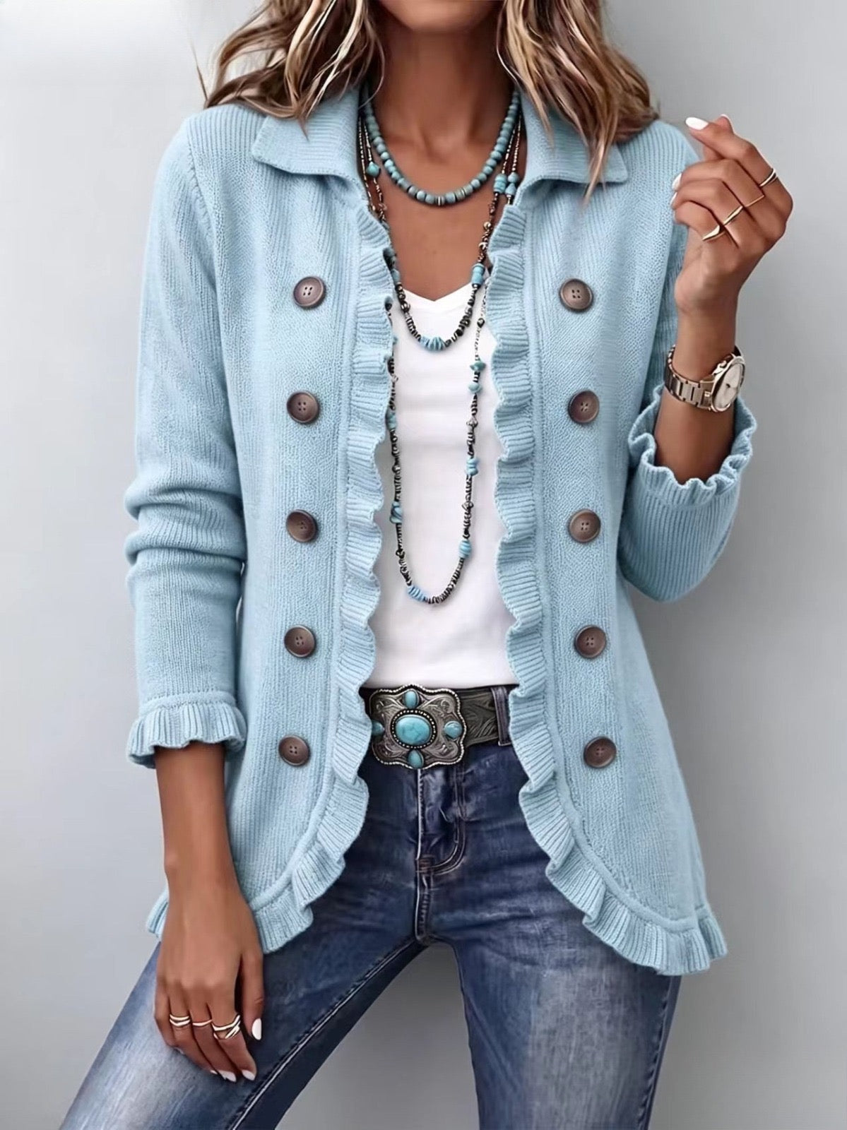 Milan | Powder Blue Ribbed Knit Ruffle Jacket
