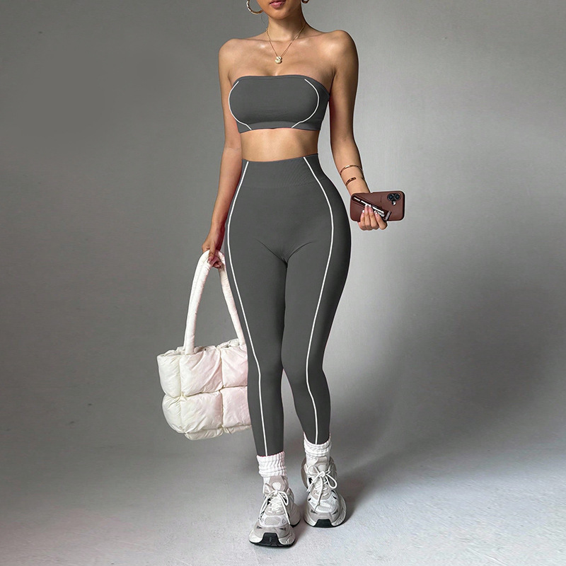 Contrast Piping Bandeau High Waist Yoga Set