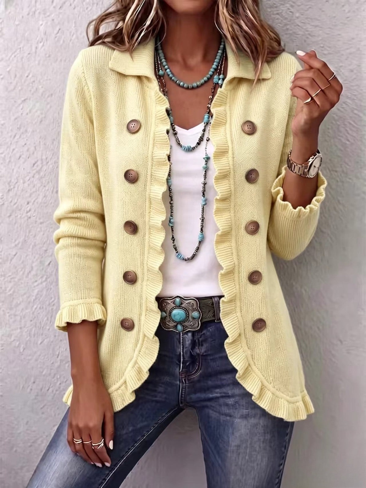 Xyla | Buttercream Ribbed Knit Ruffle Jacket