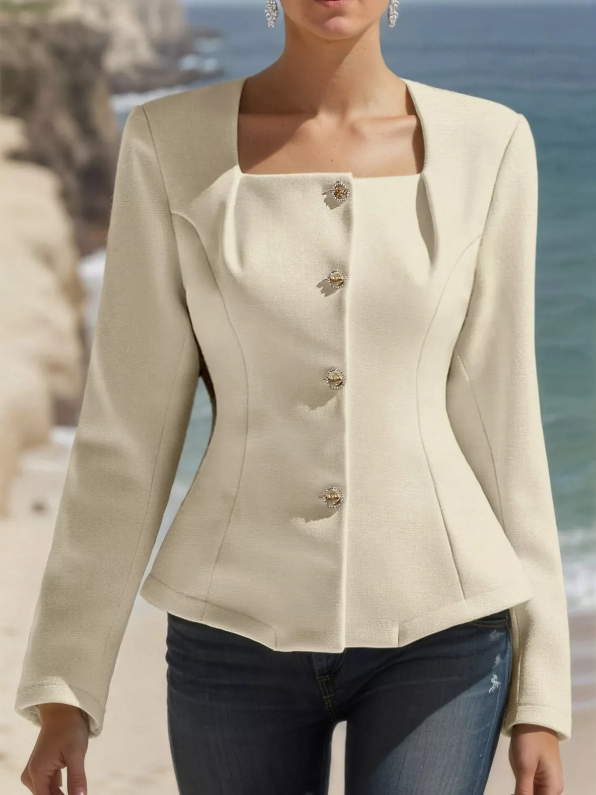 Square Neck Button-Down Fitted Blazer