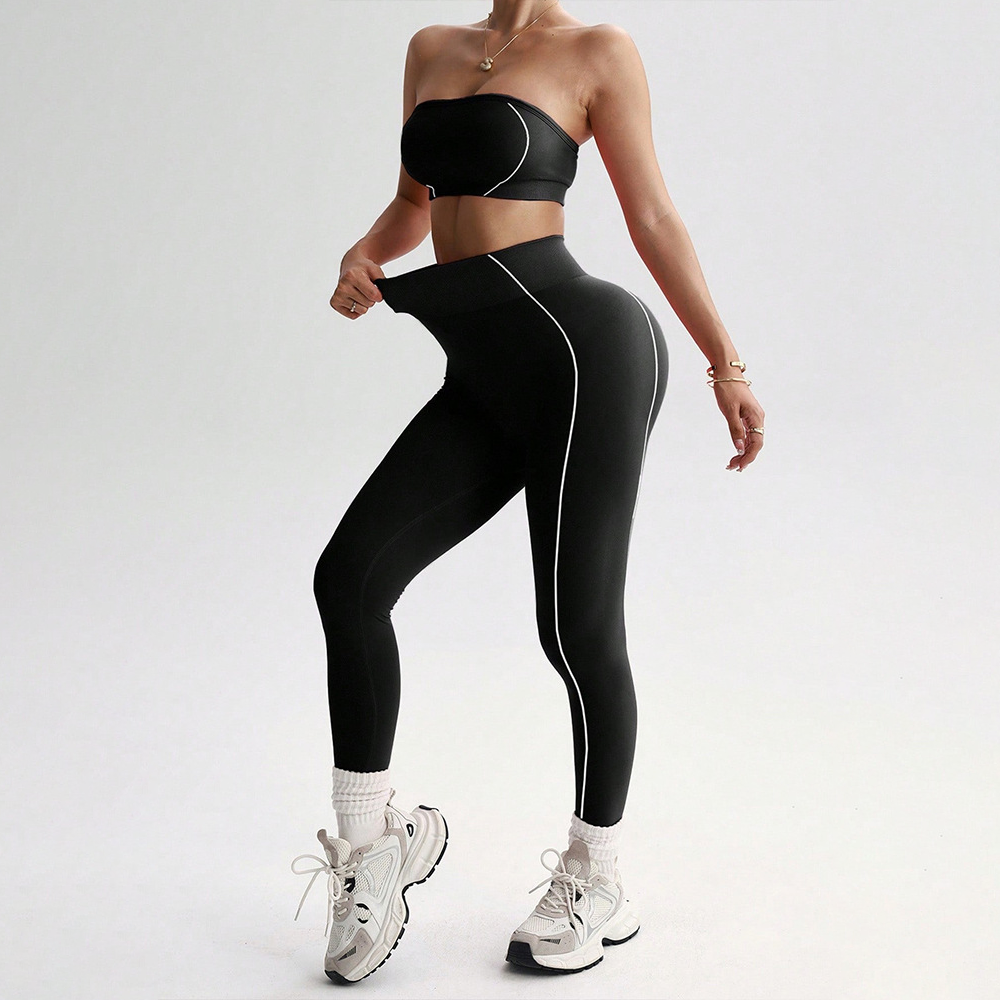 Contrast Piping Bandeau High Waist Yoga Set
