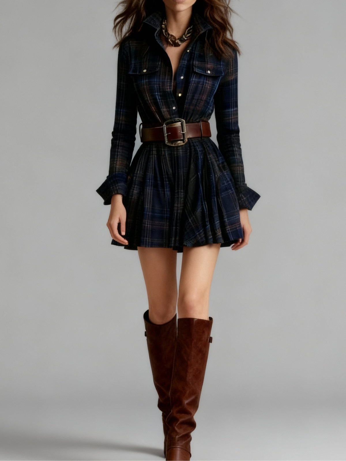 Vintage Lapel Red and Brown Plaid Mini Dress（Includes belt）