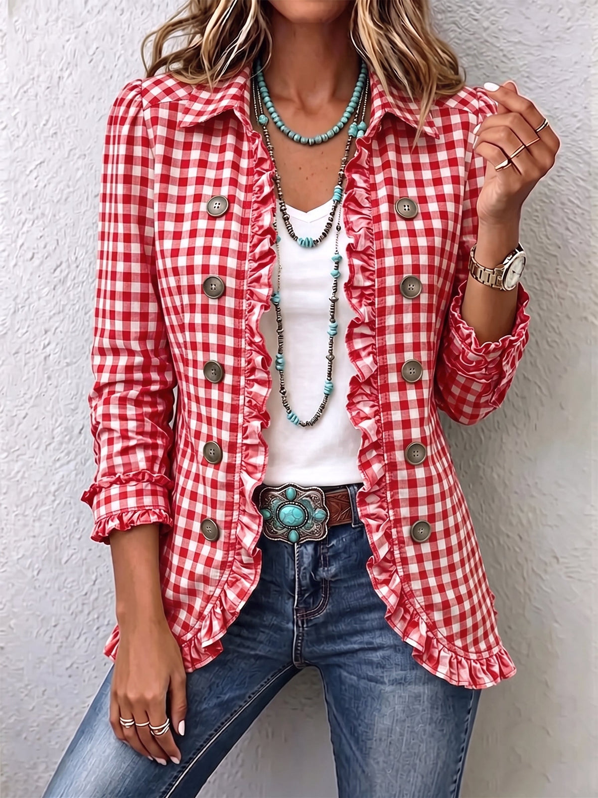 Lettie | Gingham Ruffle Button-Down Jacket