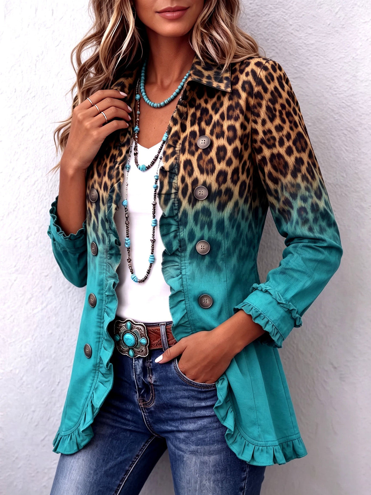 Azari | Leopard Ombre Ruffle Blazer Jacket