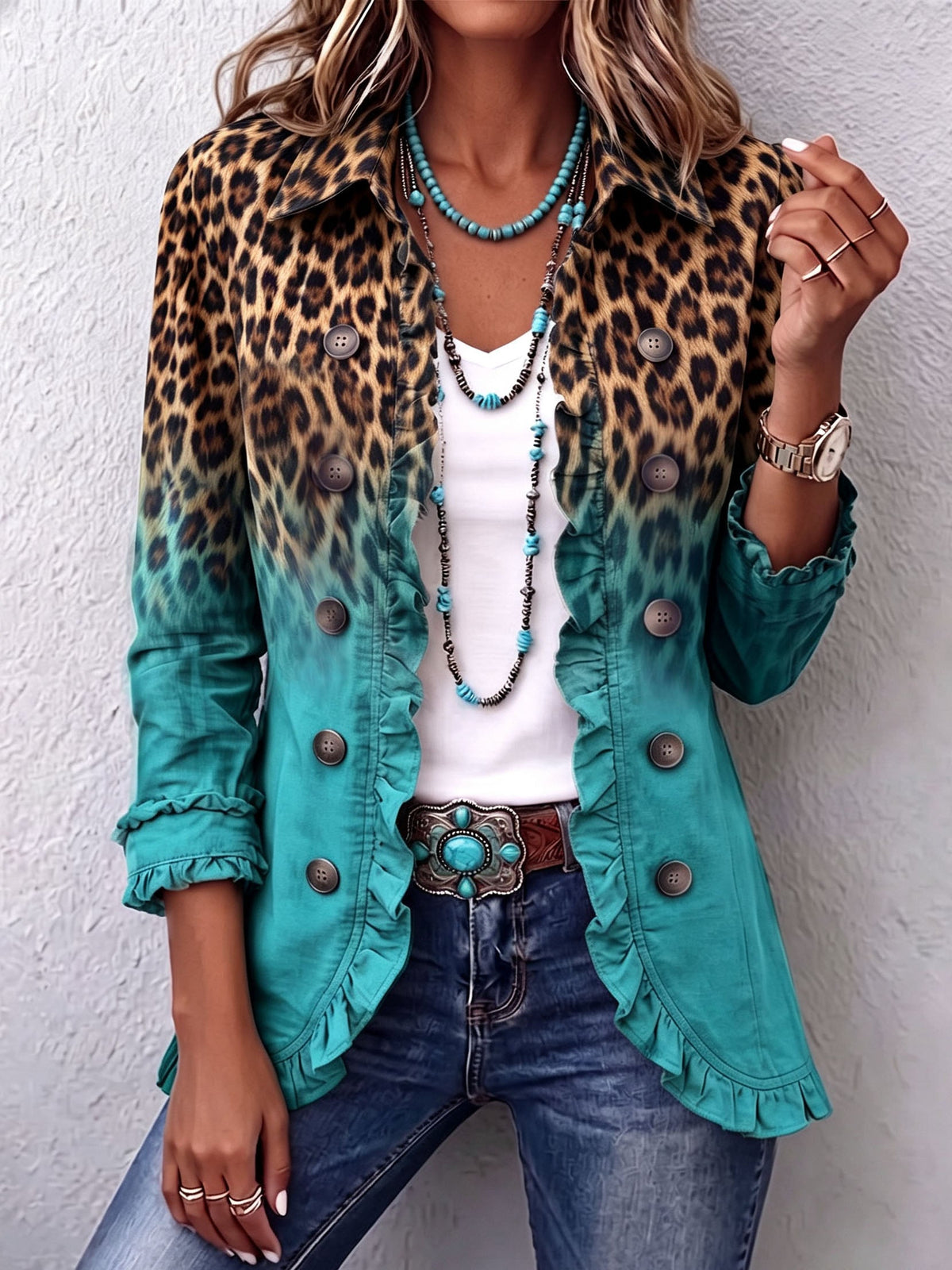 Azari | Leopard Ombre Ruffle Blazer Jacket