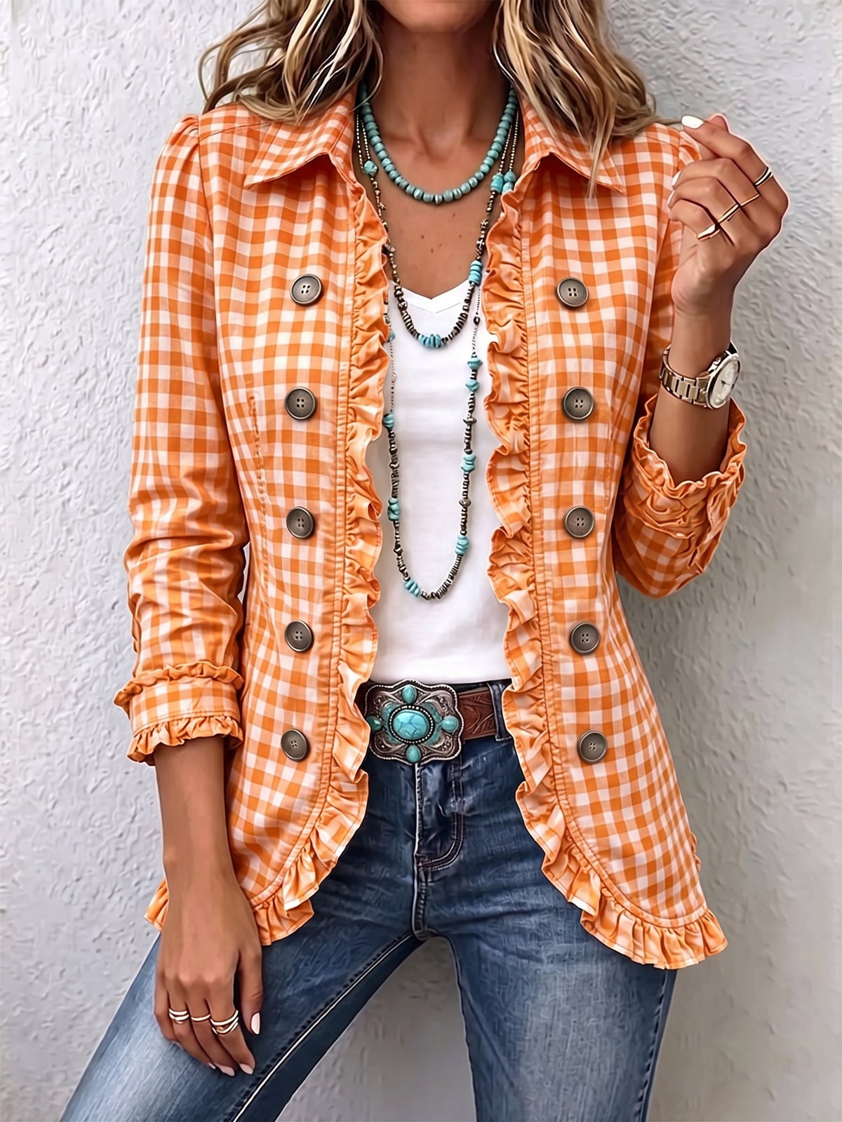 Lettie | Gingham Ruffle Button-Down Jacket