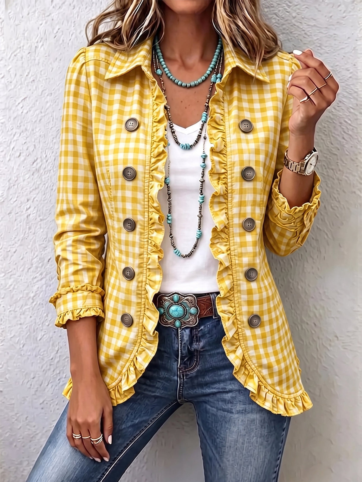 Lettie | Gingham Ruffle Button-Down Jacket