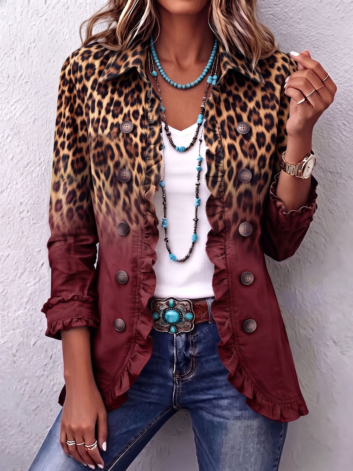 Azari | Leopard Ombre Ruffle Blazer Jacket