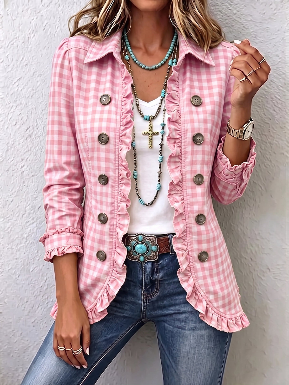 Lettie | Gingham Ruffle Button-Down Jacket