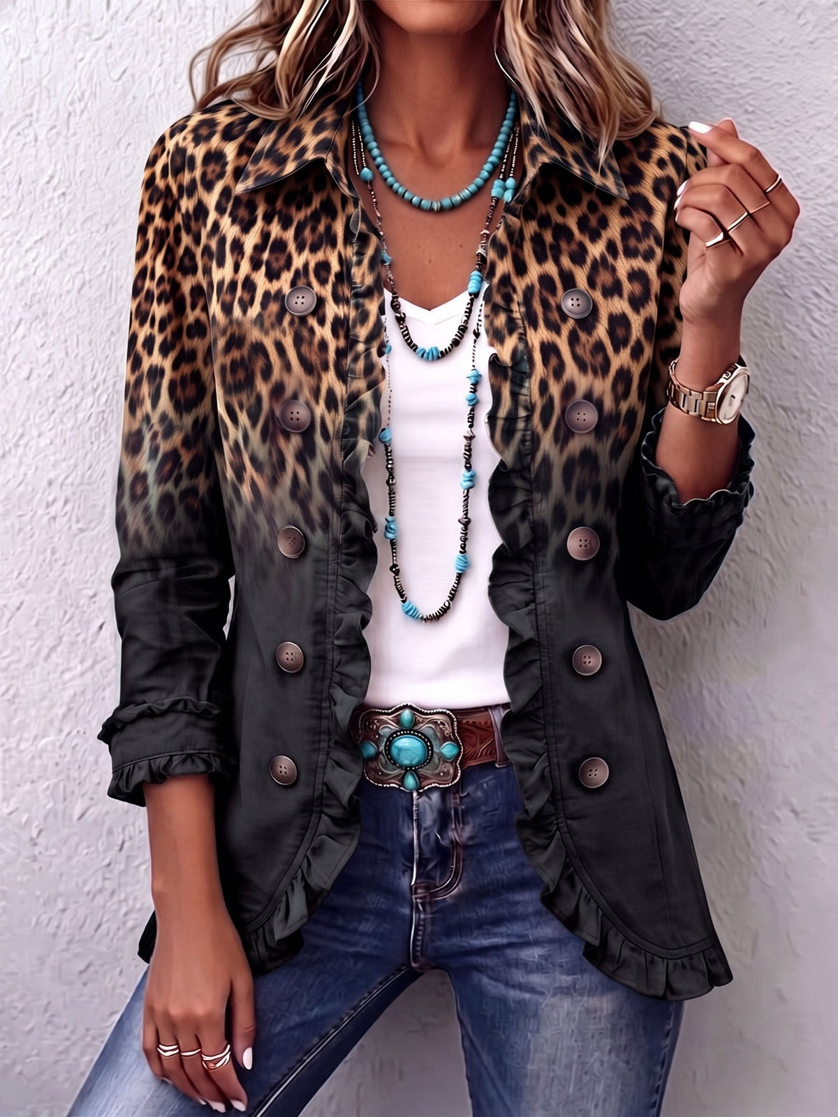 Kiana | Leopard Ombre Ruffle Blazer Jacket