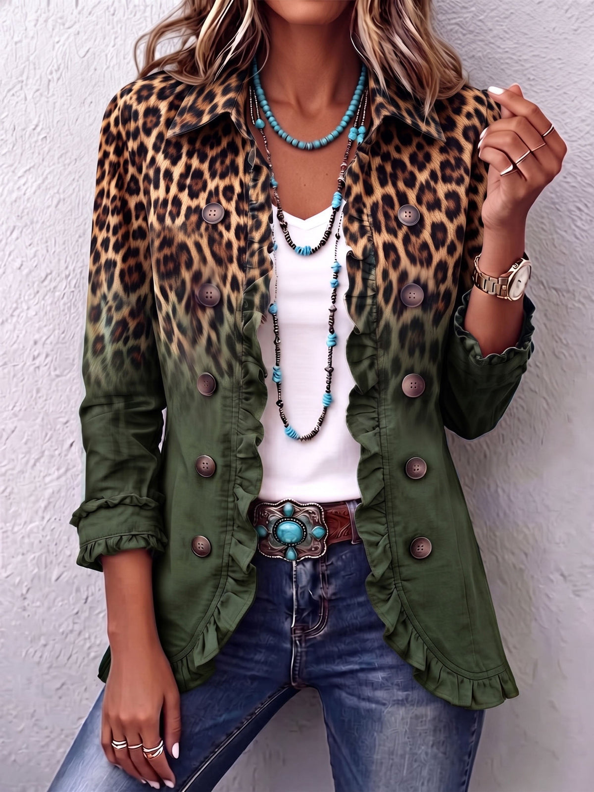 Azari | Leopard Ombre Ruffle Blazer Jacket