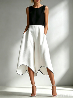 Women Black-White Sleeveless Asymmetric Wide Leg Two Piece Set