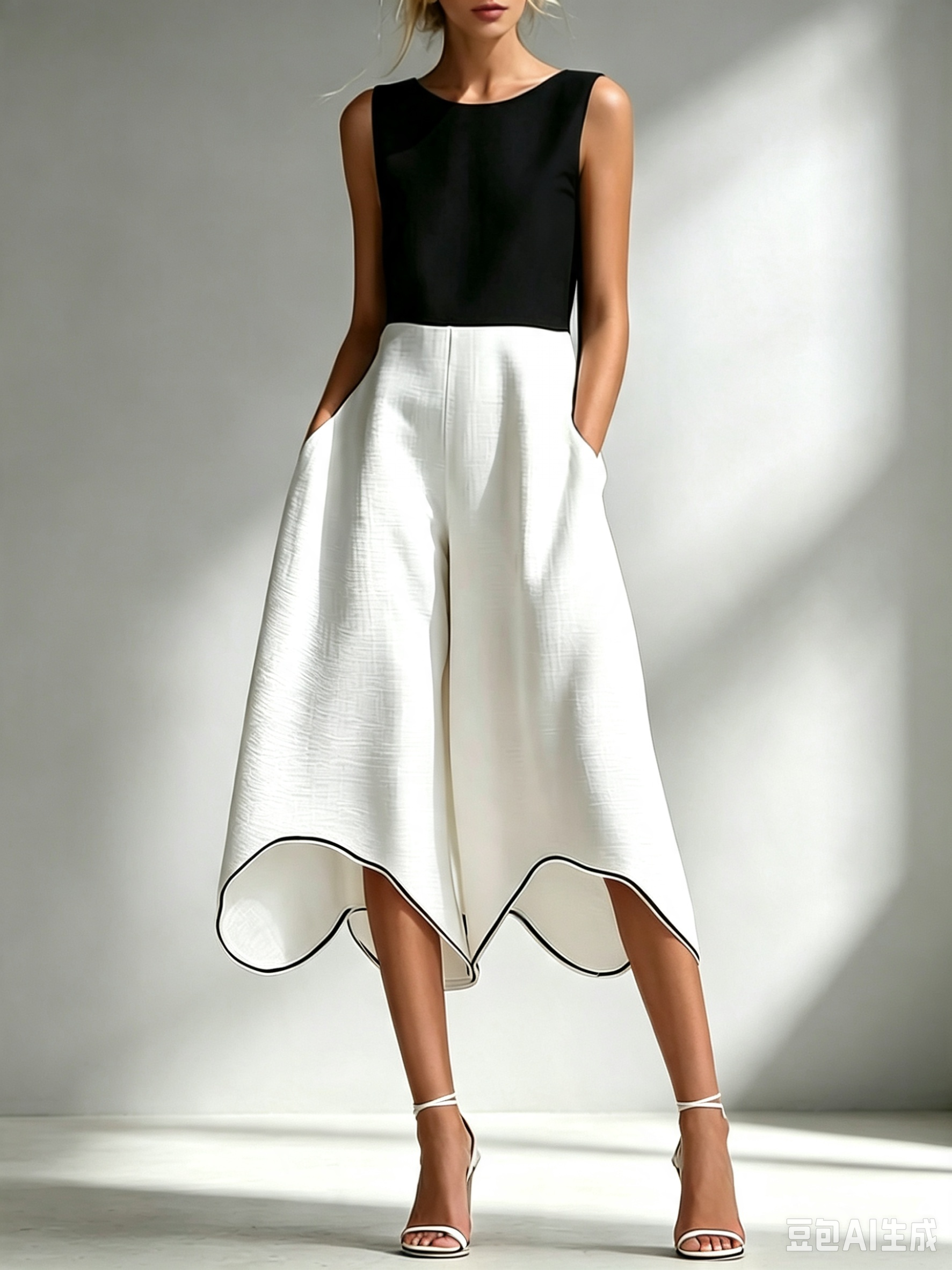 Women Black-White Sleeveless Asymmetric Wide Leg Two Piece Set