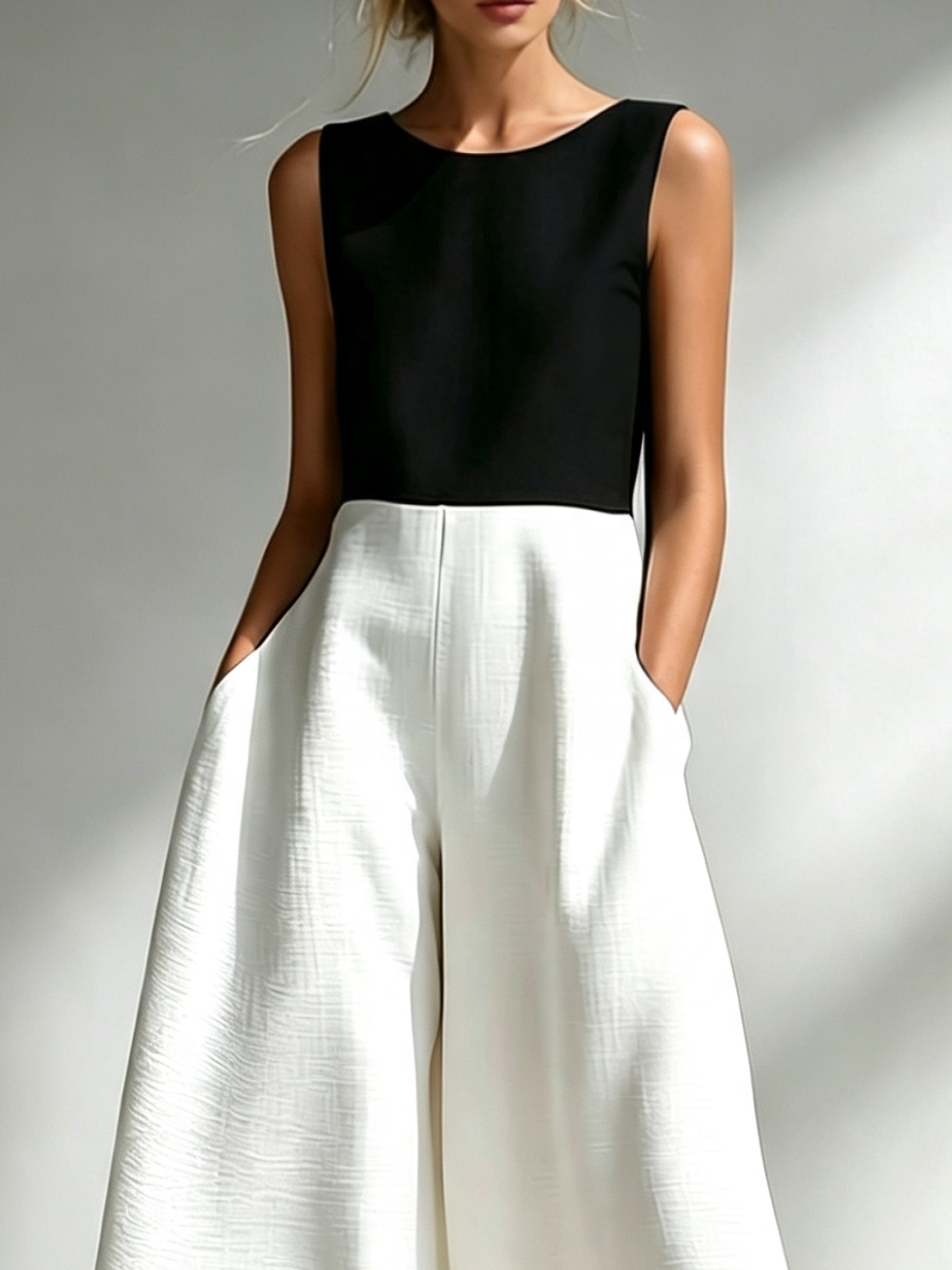 Women Black-White Sleeveless Asymmetric Wide Leg Two Piece Set