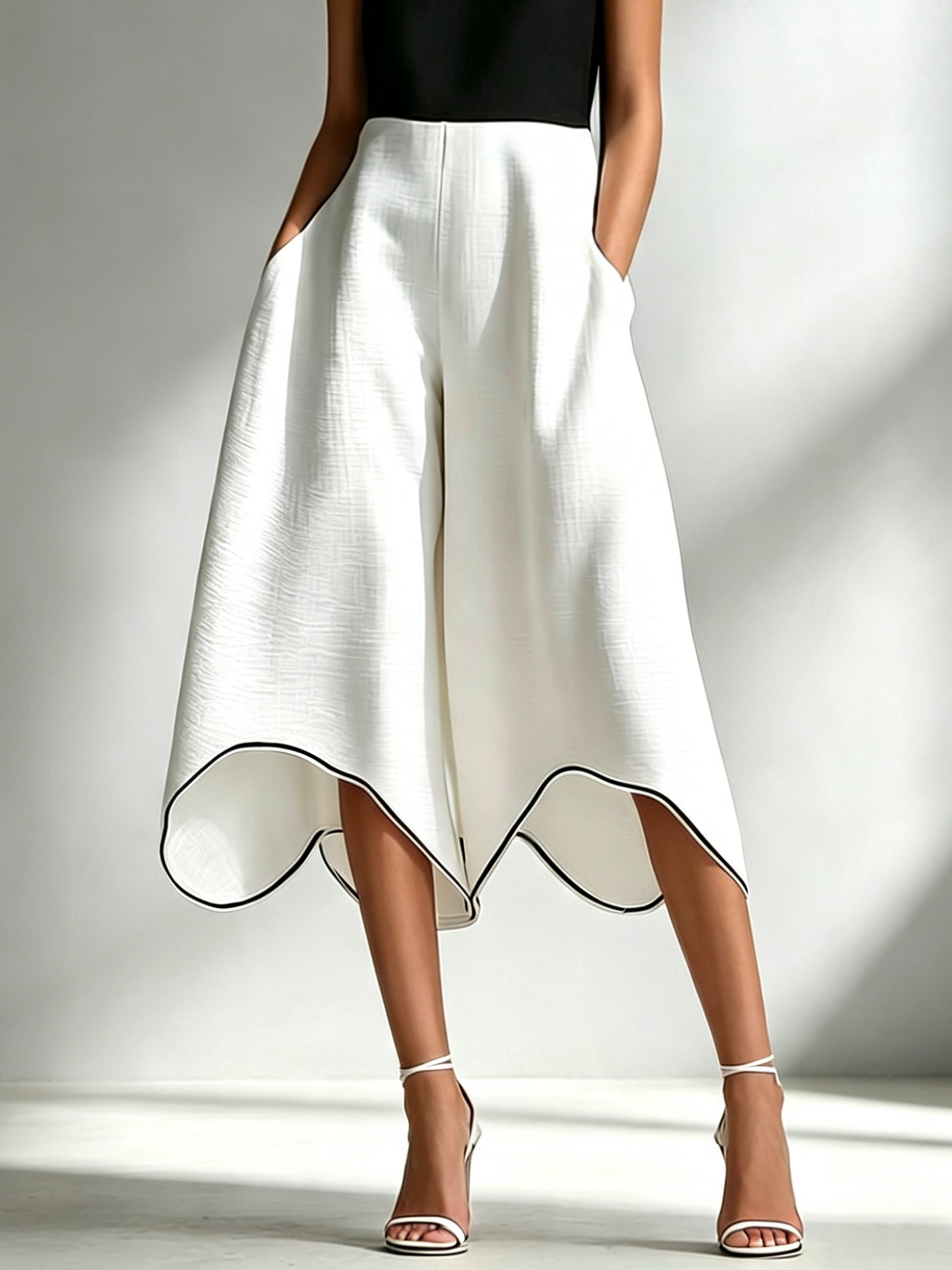 Women Black-White Sleeveless Asymmetric Wide Leg Two Piece Set