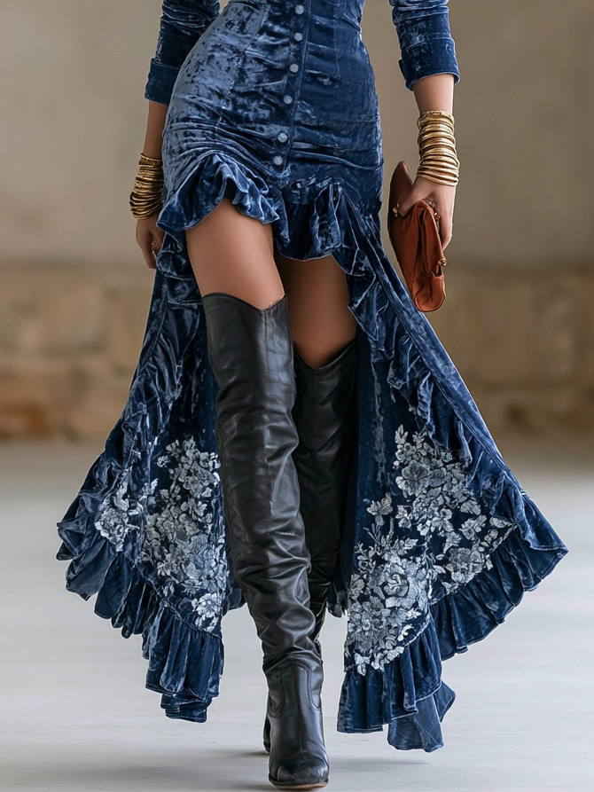 Asymmetric Velvet Lapel Collar Maxi Dress