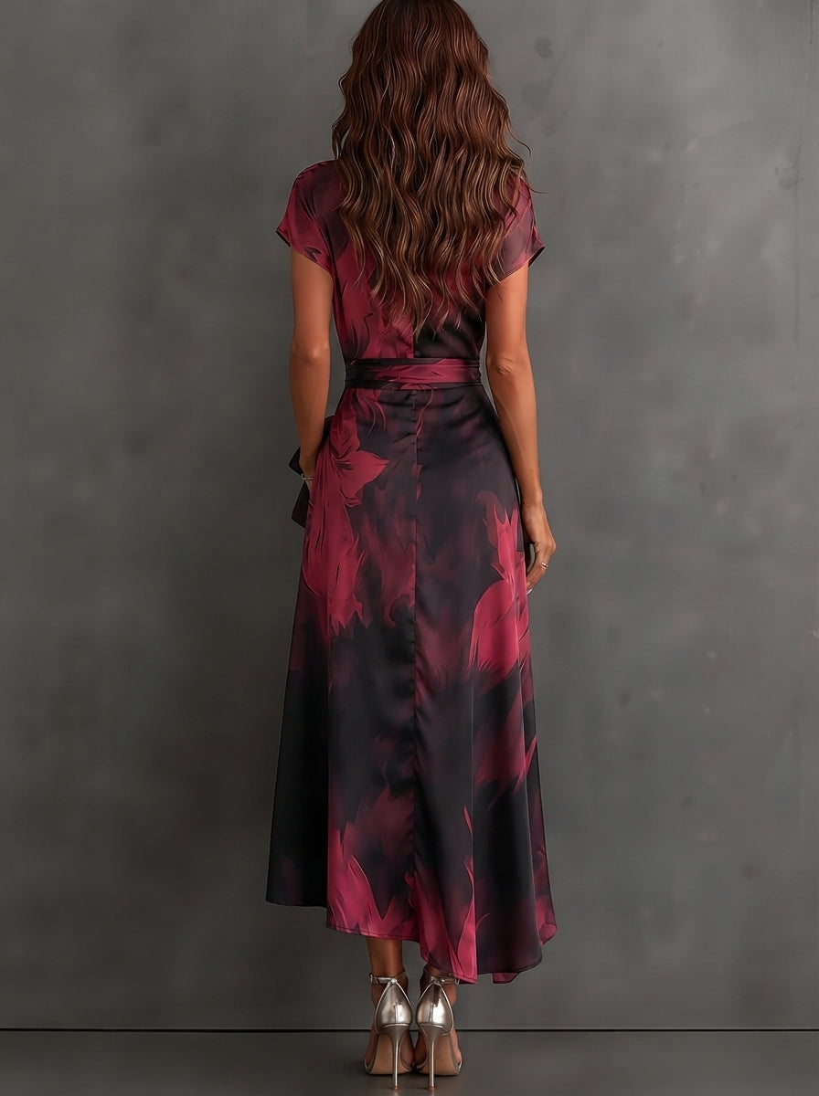 Red Black Abstract Print Wrap Midi Dress Collared V Neck Short Sleeve Tie Waist Ruffled High‑Low Hem Dress