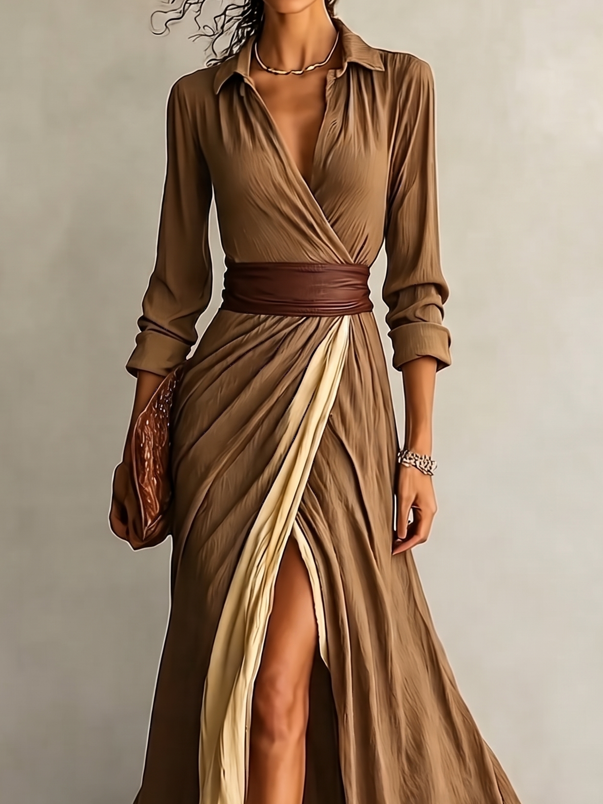 Women Wrap Collared Long Sleeve Maxi Dress, Color Block Slit Flowy Maxi Dress