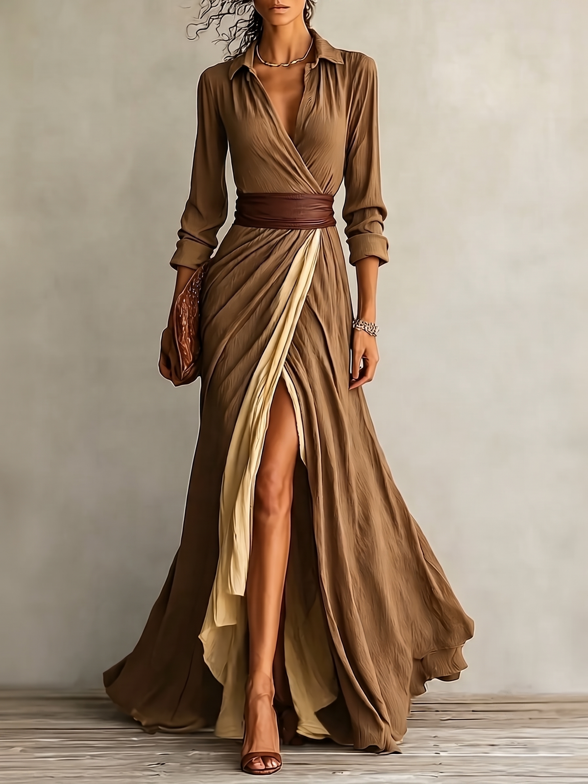 Women Wrap Collared Long Sleeve Maxi Dress, Color Block Slit Flowy Maxi Dress