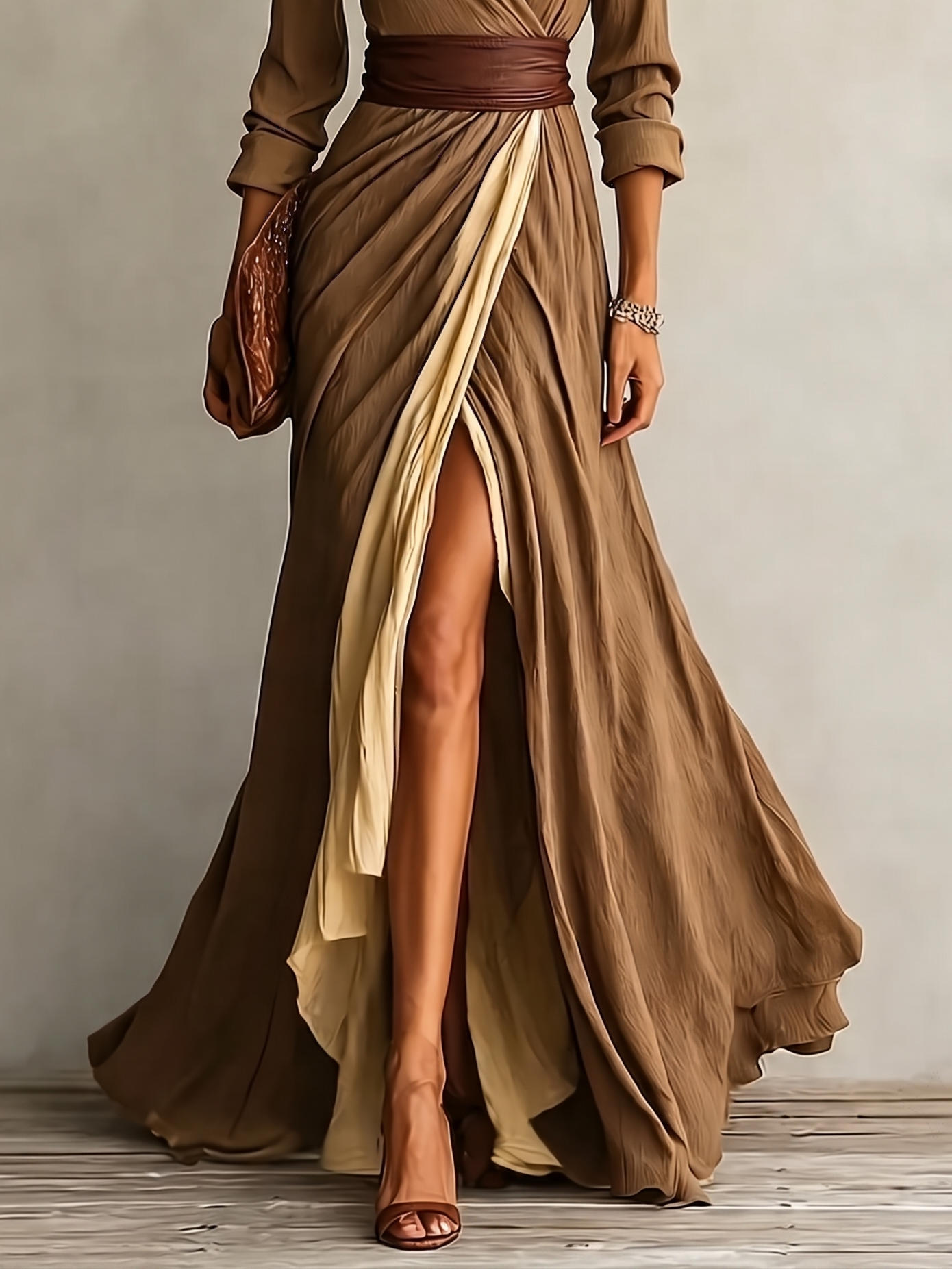 Women Wrap Collared Long Sleeve Maxi Dress, Color Block Slit Flowy Maxi Dress