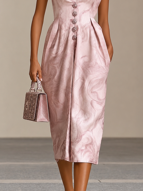 Blush Pink Marble Satin Midi Dress Sleeveless Pleated Waist Dress