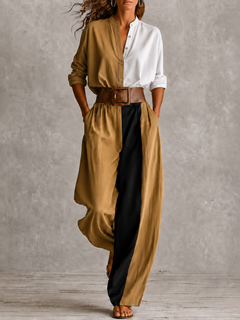 Women Two‑Piece Color Block Outfit, Stand Collar Button Shirt & High Waist Wide Leg Pants Set