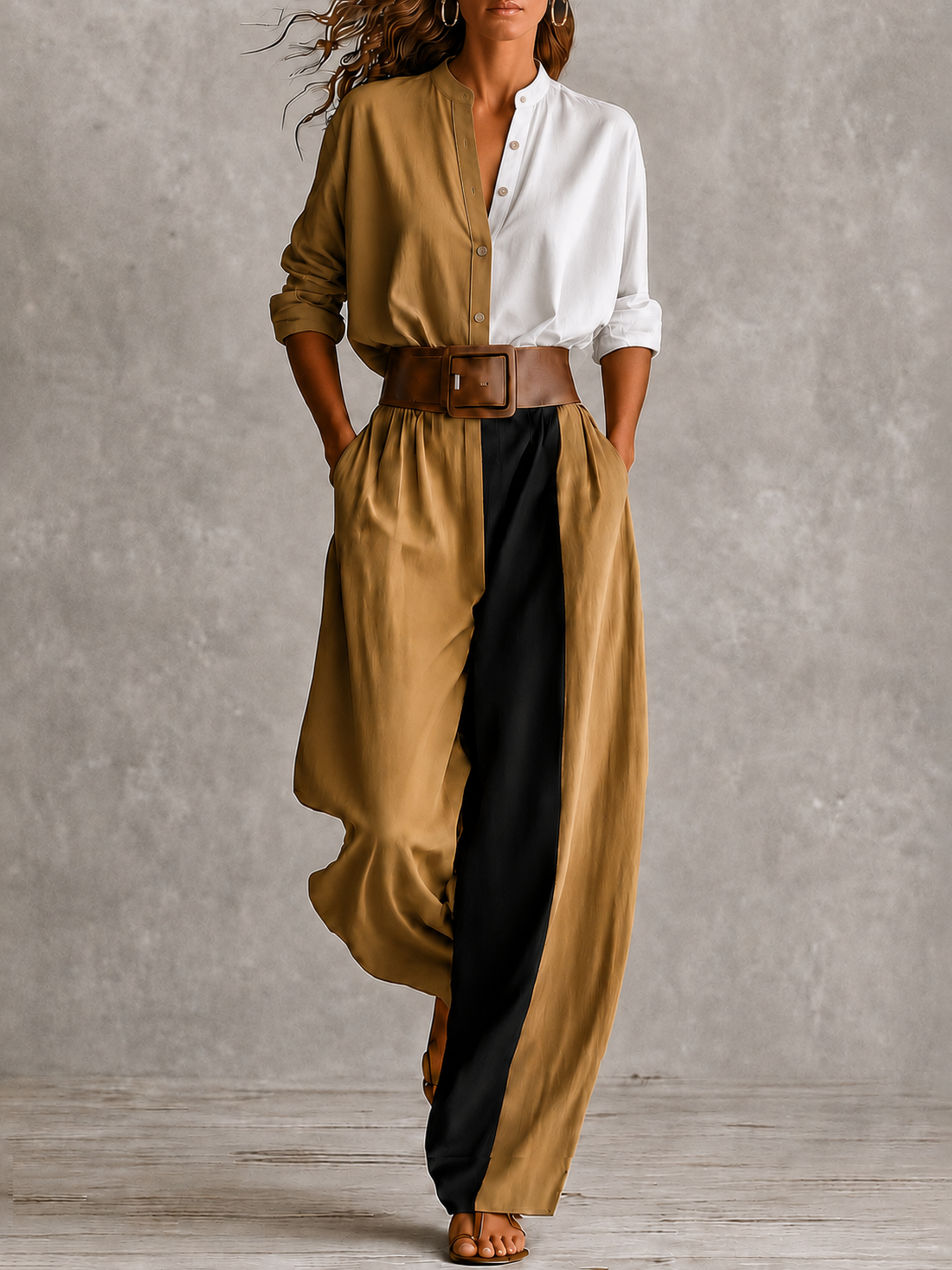 Women Two‑Piece Color Block Outfit, Stand Collar Button Shirt & High Waist Wide Leg Pants Set