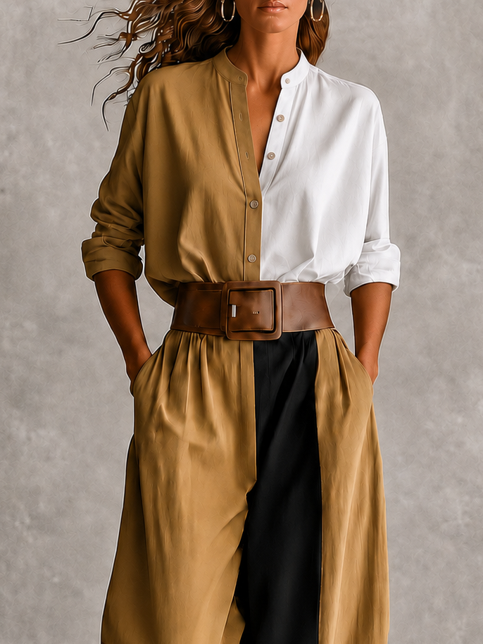 Women Two‑Piece Color Block Outfit, Stand Collar Button Shirt & High Waist Wide Leg Pants Set
