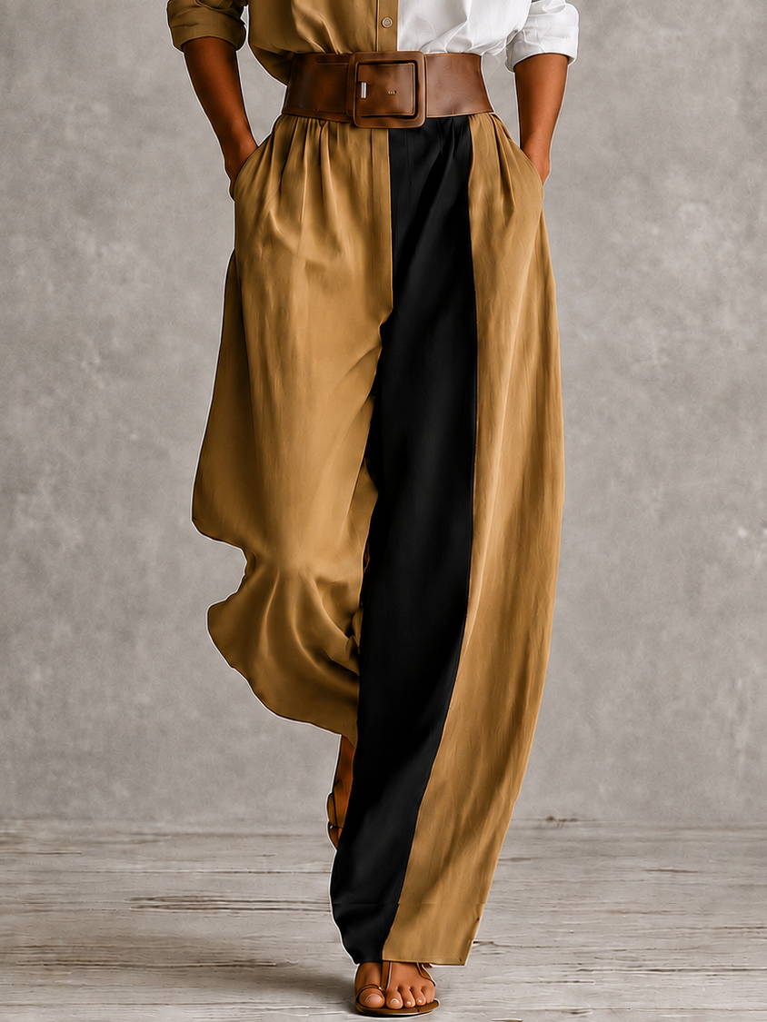 Women Two‑Piece Color Block Outfit, Stand Collar Button Shirt & High Waist Wide Leg Pants Set
