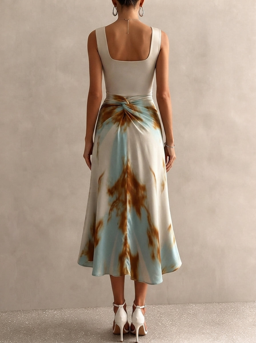 Women Tie‑Dye Midi Dress Square Neck Asymmetrical Hem Flowy Dress