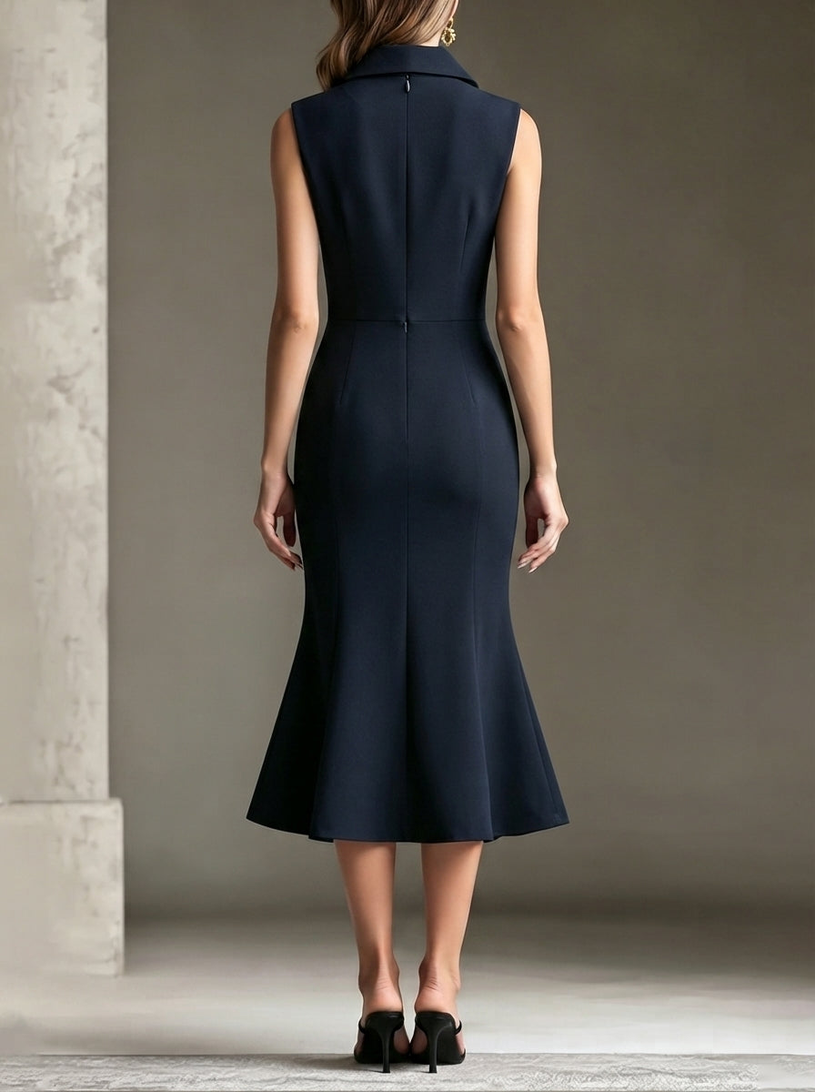 Women Sleeveless Blazer Midi Dress, V Neck Wrap Fishtail Bodycon Office Dress
