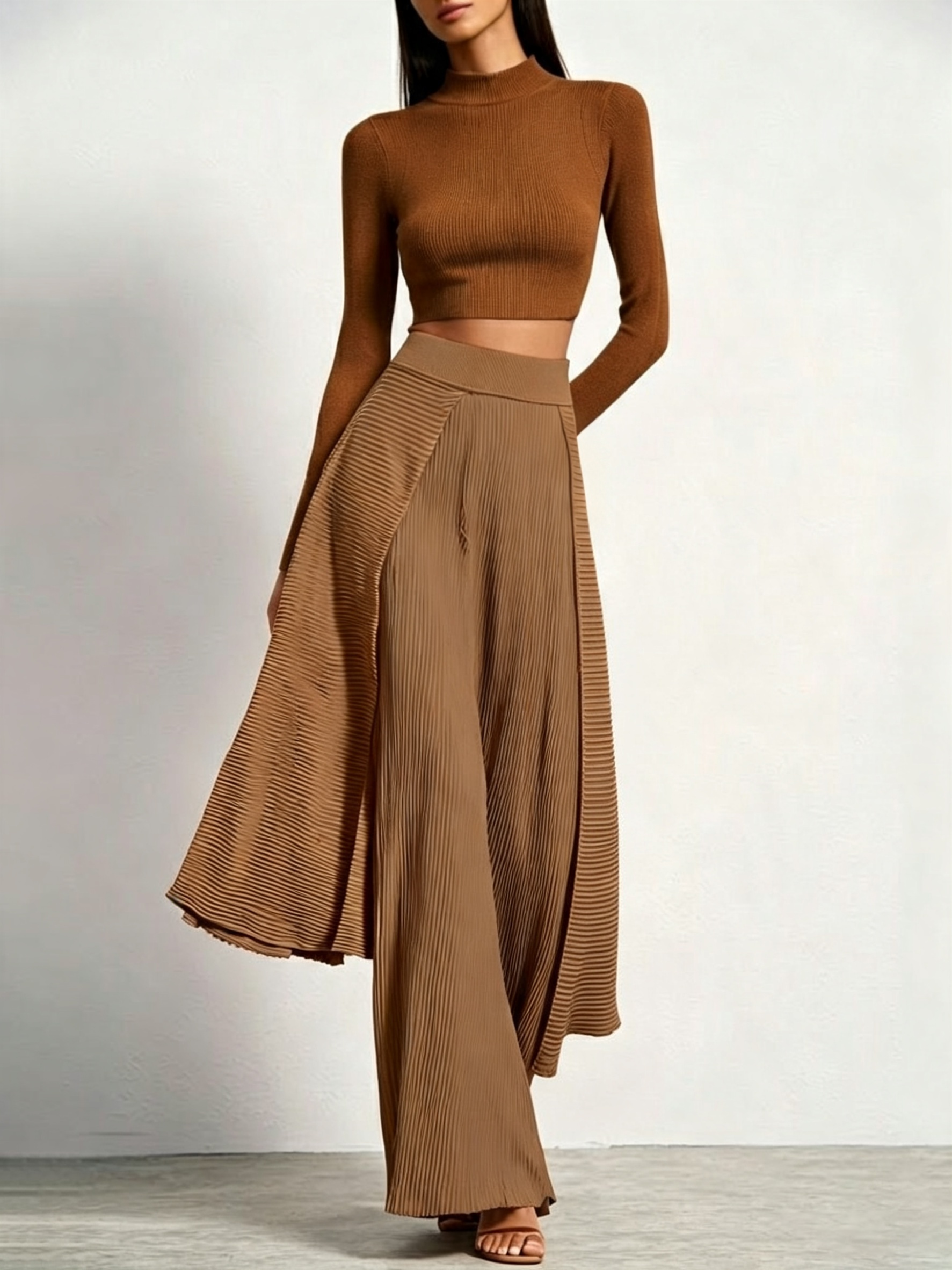 Ribbed Knit Mock Neck Crop Top & Pleated Overlay Wide Leg Pants Two Piece Set