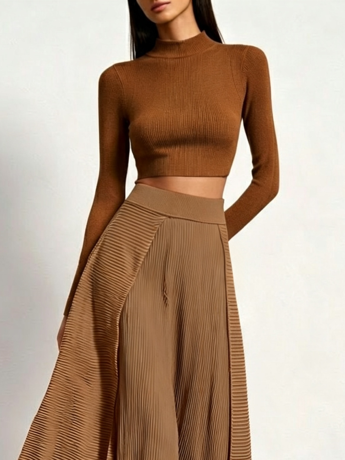 Ribbed Knit Mock Neck Crop Top & Pleated Overlay Wide Leg Pants Two Piece Set