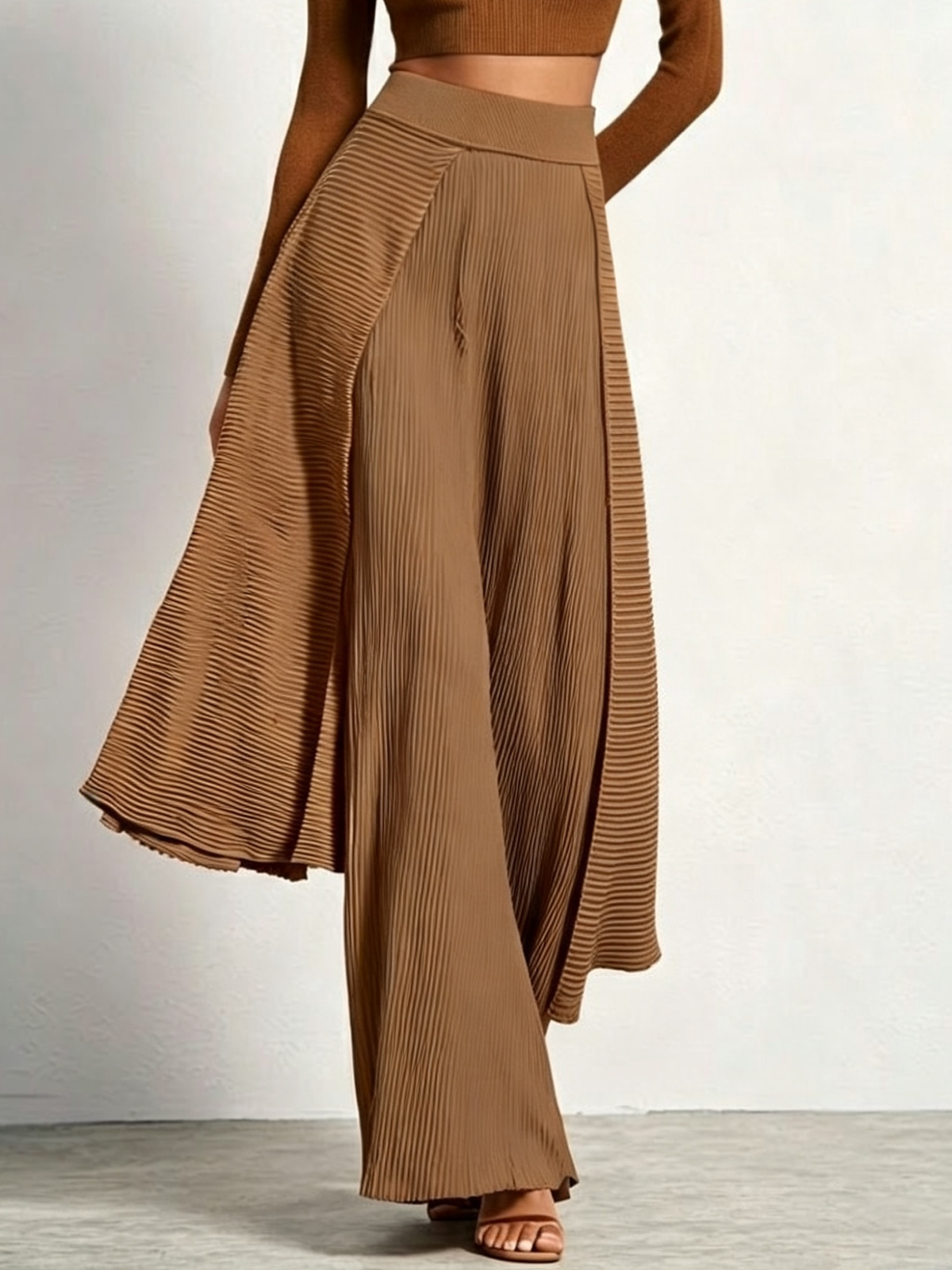 Ribbed Knit Mock Neck Crop Top & Pleated Overlay Wide Leg Pants Two Piece Set