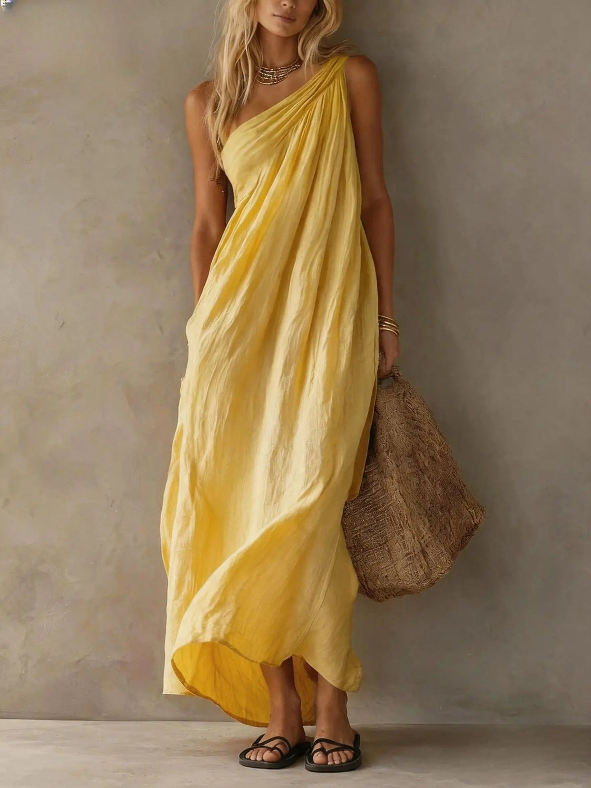 Adriana | Asymmetric Linen-Effect Maxi Dress